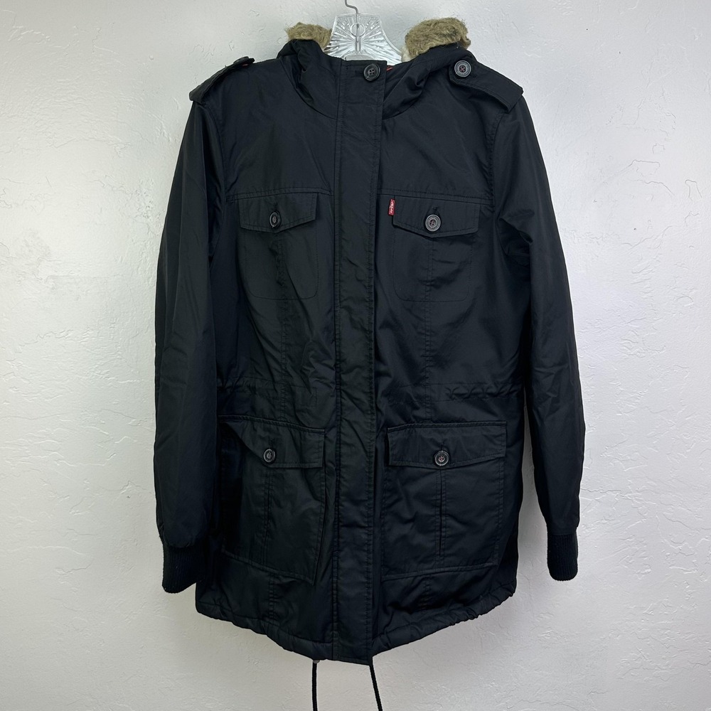 Levis Jacket Mens Large Black Sherpa Lined Parka‎ Faux Fur Hood Quilted Coat